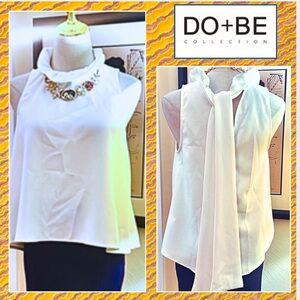 Do +Be, Ruffled-Neck Elegant White Sleeveless Top,HUGE Bow in Back, EUC,Size S